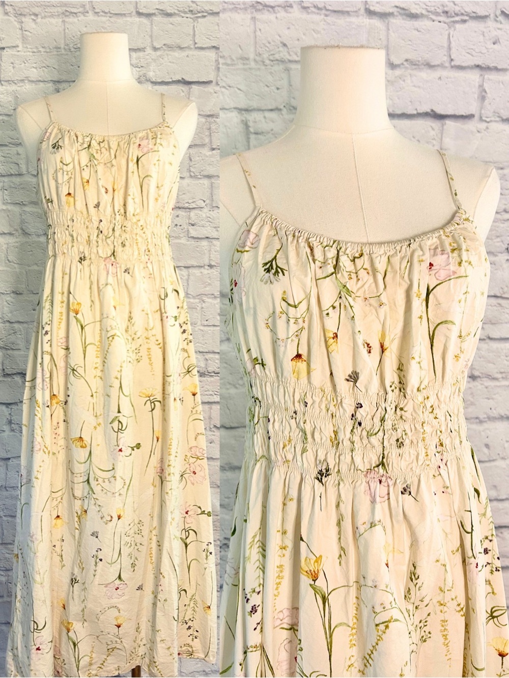 H&M Cream Floral Smocked Maxi Dress Cotton Blend Fall Botanical Cottagecore